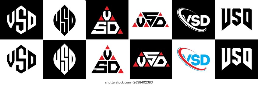 VSD letter logo design in six style. VSD polygon, circle, triangle, hexagon, flat and simple style with black and white color variation letter logo set in one artboard. VSD minimalist and classic logo