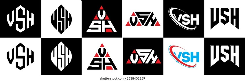 VSH letter logo design in six style. VSH polygon, circle, triangle, hexagon, flat and simple style with black and white color variation letter logo set in one artboard. VSH minimalist and classic logo
