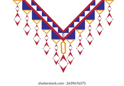 The V-shaped collar is decorated with blue triangles and red rhombuses, giving it a chic look on white background.