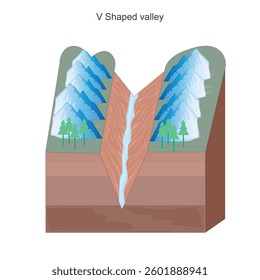 A V-shaped valley is a steep-sided valley formed by river erosion over time, creating a narrow, deep profile resembling the letter V, common in youthful river stages.