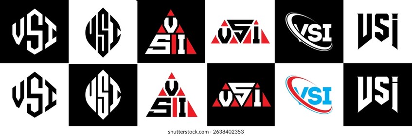 VSI letter logo design in six style. VSI polygon, circle, triangle, hexagon, flat and simple style with black and white color variation letter logo set in one artboard. VSI minimalist and classic logo