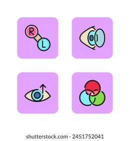 Vsion correction line icon set. Improvement sight, installation contact lens, color blindness, vision problem. Treatment restoration eye health concept. Vector illustration for web design and app