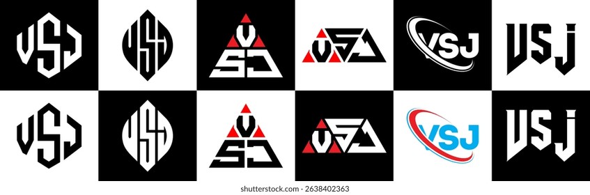 VSJ letter logo design in six style. VSJ polygon, circle, triangle, hexagon, flat and simple style with black and white color variation letter logo set in one artboard. VSJ minimalist and classic logo