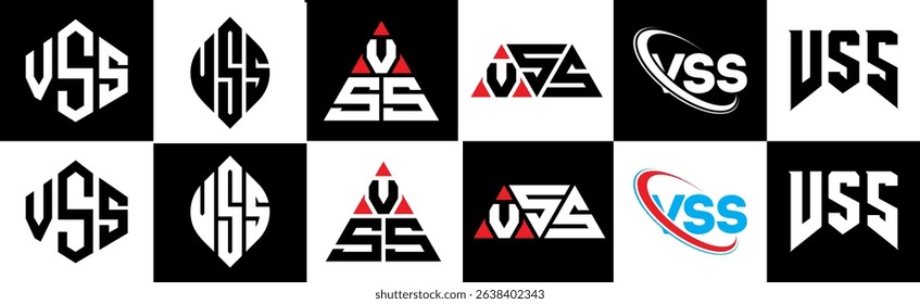 VSS letter logo design in six style. VSS polygon, circle, triangle, hexagon, flat and simple style with black and white color variation letter logo set in one artboard. VSS minimalist and classic logo
