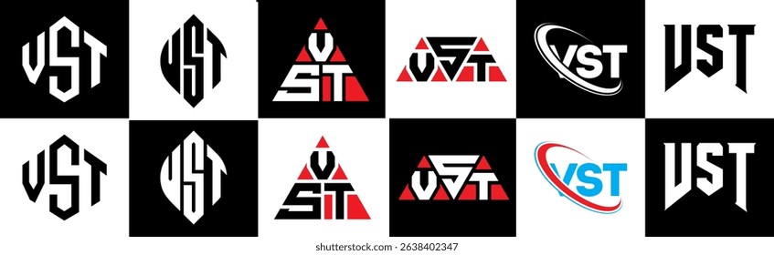 VST letter logo design in six style. VST polygon, circle, triangle, hexagon, flat and simple style with black and white color variation letter logo set in one artboard. VST minimalist and classic logo