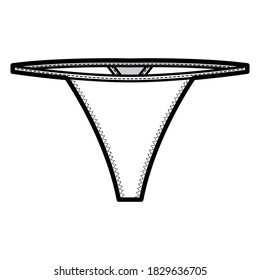 Ilustración de moda técnica de cadena V con baja altura de cintura, sin cobertura de cadera, cintura elástica. Panties planos frente a plantilla de lencería bikini, color blanco. Mujeres hombres unisex ropa interior maquillaje CAD