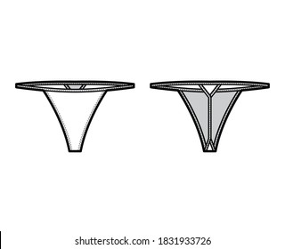 V-string technical fashion illustration with low waist rise, no hips coverage, elastic waistband. Flat panties bikini lingerie template front, back, white color. Women men unisex underwear CAD mockup