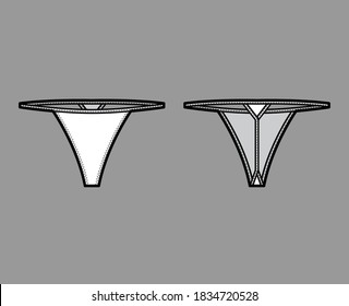 V-string technical fashion illustration with low waist rise, no hips coverage, elastic waistband. Flat panties bikini lingerie template front, back, white color. Women men unisex underwear CAD mockup