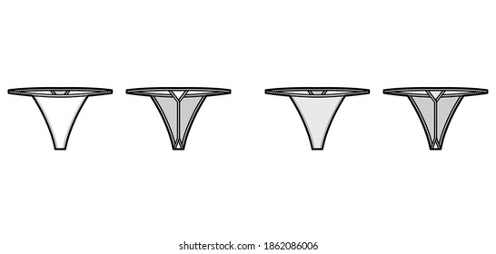 V-string technical fashion illustration with low waist rise, no hips coverage, elastic waistband. Flat bikini lingerie template front, back, white, grey color. Women men unisex underwear CAD mockup