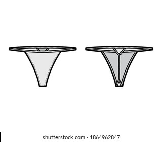 V-String technische Modegrafik mit niedriger Taillenhöhe, ohne Hüftabdeckung, elastischer Taillenband. Flache Slips Bikini Dessous Vorlage vorne, hinten, graue Farbe. Frauen ohne Unterwäsche CAD-Modell