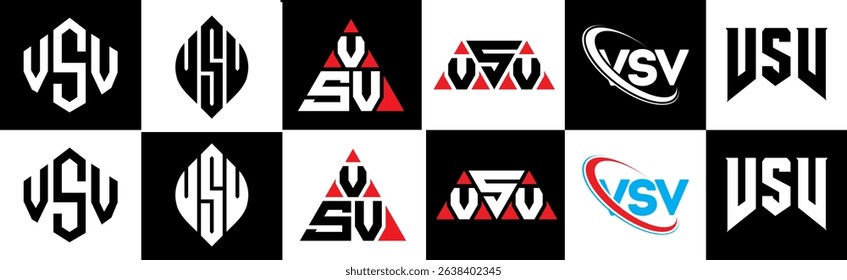 VSV letter logo design in six style. VSV polygon, circle, triangle, hexagon, flat and simple style with black and white color variation letter logo set in one artboard. VSV minimalist and classic logo