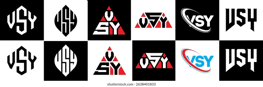 VSY letter logo design in six style. VSY polygon, circle, triangle, hexagon, flat and simple style with black and white color variation letter logo set in one artboard. VSY minimalist and classic logo