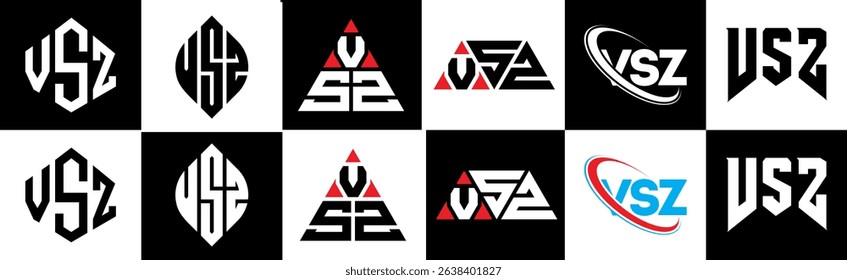 VSZ letter logo design in six style. VSZ polygon, circle, triangle, hexagon, flat and simple style with black and white color variation letter logo set in one artboard. VSZ minimalist and classic logo