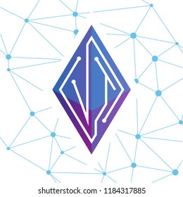 VT Initial letter block chain logo icon vector template. Looping mono line circuit letter on rhombus cube logo
