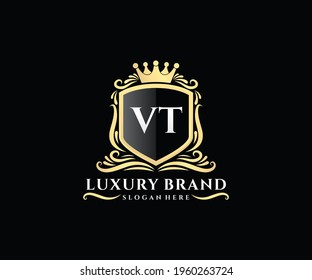 VT Initial Letter, Gold text with feminine floral hand drawn heraldic monogram, Antique vintage style luxury logo design.