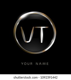 VT initial letters with circle elegant logo golden silver black background