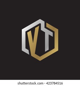 VT initial letters looping linked hexagon elegant logo golden silver black background