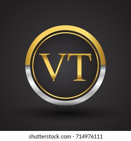 VT Letter logo in a circle, gold and silver colored. Vector design template elements for your business or company identity.