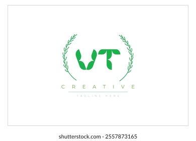 VT letters eco logo with leaf. Fresh nature and healthy leaf logo design.