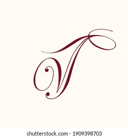 VT monogram logo.Abstract calligraphic signature icon.Intertwined letter v and letter t.Lettering sign isolated on light background.Alphabet initials.Uppercase wedding character shapes.