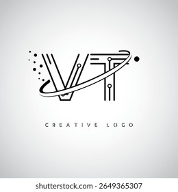 Logotipo de Monograma de Órbita VT - Marca de Letra Mínima Futurista com Linha de Arte Circular, Pontos Inspirados na Tecnologia e Conceito de Movimento Espacial para Identidade de Marca Moderna