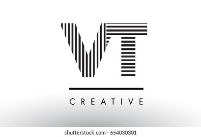 VT V T Black and White Letter Logo Design with Vertical and Horizontal Lines.