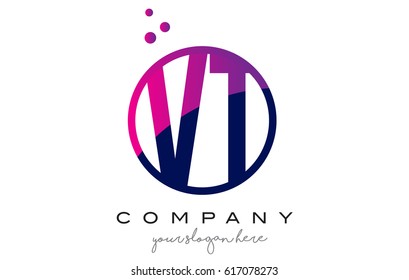 VT V T Circle Letter Logo Design with Purple Magenta Dots Bubbles Vector Illustration