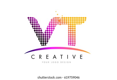 VT V T Dots Letter Logo Design with Magenta Bubble Circles and Swoosh