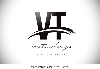 VT V T Letter Logo Design with Swoosh and Black Brush Stroke. Modern Creative Brush Stroke Letters Vector Logo