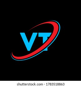 VT V T letter logo design. Initial letter VT linked circle uppercase monogram logo red and blue. VT logo, V T design. vt, v t