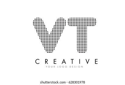 VT V T Letter Logo Design with Black Dots and Bubble Trails.