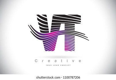 VT V T Zebra Texture Letter Logo Design With Creative Lines and Swosh in Purple Magenta Color Vector.