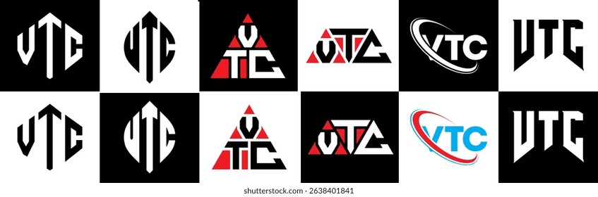 VTC letter logo design in six style. VTC polygon, circle, triangle, hexagon, flat and simple style with black and white color variation letter logo set in one artboard. VTC minimalist and classic logo