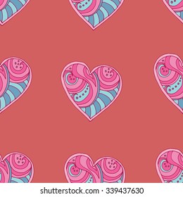 Vtctor seamless beautiful pattern with colorful hearts on pink background. St.Valentine's Day pattern. Heart pattern. Sweet pattern with bright doodle hearts.