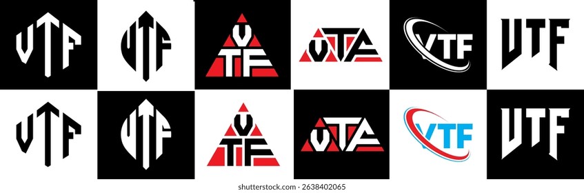 VTF letter logo design in six style. VTF polygon, circle, triangle, hexagon, flat and simple style with black and white color variation letter logo set in one artboard. VTF minimalist and classic logo