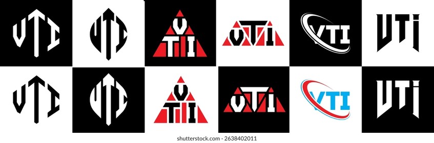 VTI letter logo design in six style. VTI polygon, circle, triangle, hexagon, flat and simple style with black and white color variation letter logo set in one artboard. VTI minimalist and classic logo