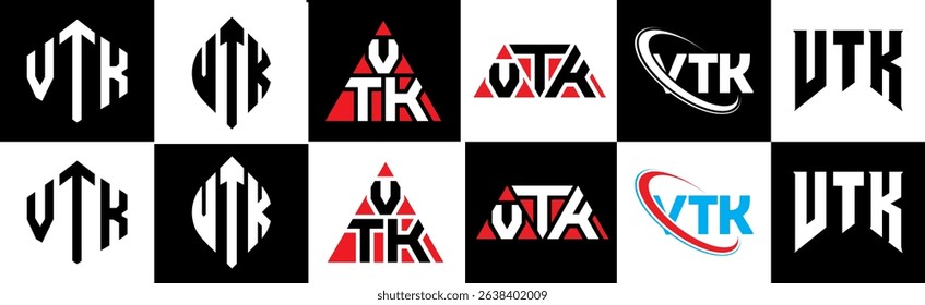 VTK letter logo design in six style. VTK polygon, circle, triangle, hexagon, flat and simple style with black and white color variation letter logo set in one artboard. VTK minimalist and classic logo