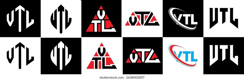 VTL letter logo design in six style. VTL polygon, circle, triangle, hexagon, flat and simple style with black and white color variation letter logo set in one artboard. VTL minimalist and classic logo