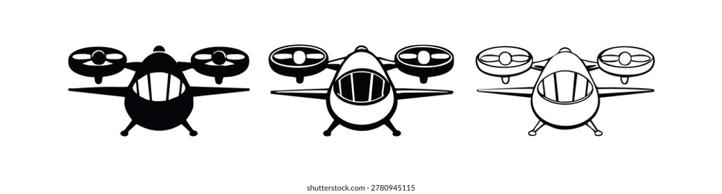 VTOL aircraft icon set. Flying car, personal air vehicle, multirotor drone.