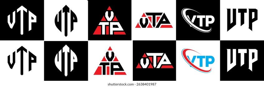 VTP letter logo design in six style. VTP polygon, circle, triangle, hexagon, flat and simple style with black and white color variation letter logo set in one artboard. VTP minimalist and classic logo