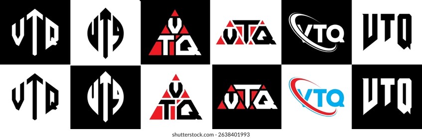 VTQ letter logo design in six style. VTQ polygon, circle, triangle, hexagon, flat and simple style with black and white color variation letter logo set in one artboard. VTQ minimalist and classic logo