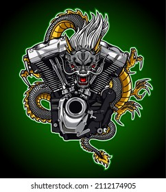 v-twin engine with dragon background, t-shirt design, biker, knucklehead, panhead, shovelhead, flathead, naked bike, dragrace, supermoto, Motorradfahrer, 
motorrijder, vector templates

