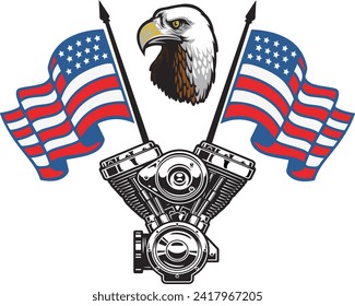 V-twin engine with flags and eagle head logo 