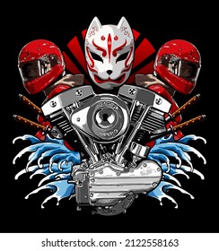 v-twin machine in red biker jacket vector, t-shirt design, biker, knucklehead, panhead, shovelhead, flathead, naked bike, dragrace, supermoto, Motorradfahrer, 
motorrijder, vector template

