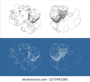 V-twin Motorcycles engine line drawing technical blueprints Illustration Isometric view. vector isolated on transparent background