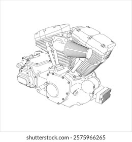 V-twin Motorcycles engine line drawing technical blueprints Illustration Isometric view. vector isolated on white background