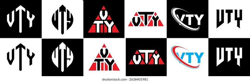 VTY letter logo design in six style. VTY polygon, circle, triangle, hexagon, flat and simple style with black and white color variation letter logo set in one artboard. VTY minimalist and classic logo
