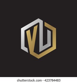 VU initial letters looping linked hexagon elegant logo golden silver black background