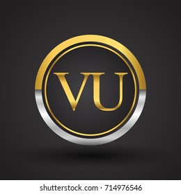 VU Letter logo in a circle, gold and silver colored. Vector design template elements for your business or company identity.
