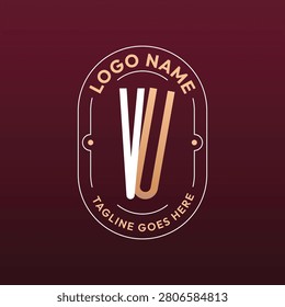 VU Letter Logo Monogram, Letter VU Logo Design Elegant Burgundy Rose Gold Oval Badge Template
